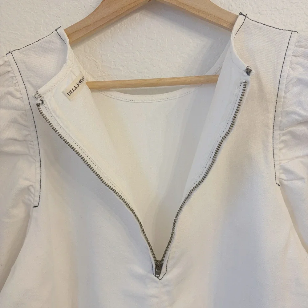 Ulla Johnson Finn Blouse Top 10 White Denim Puff Sleeve Contrast Stitch Minimal